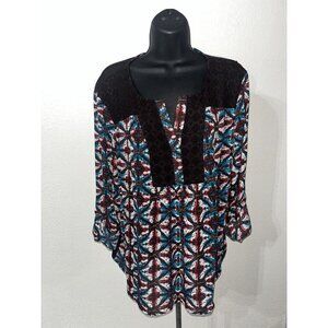 Black Rain Long Sleeve Blouse Women XL Eyelet Lace Collar Tied 3/4 Sleeves